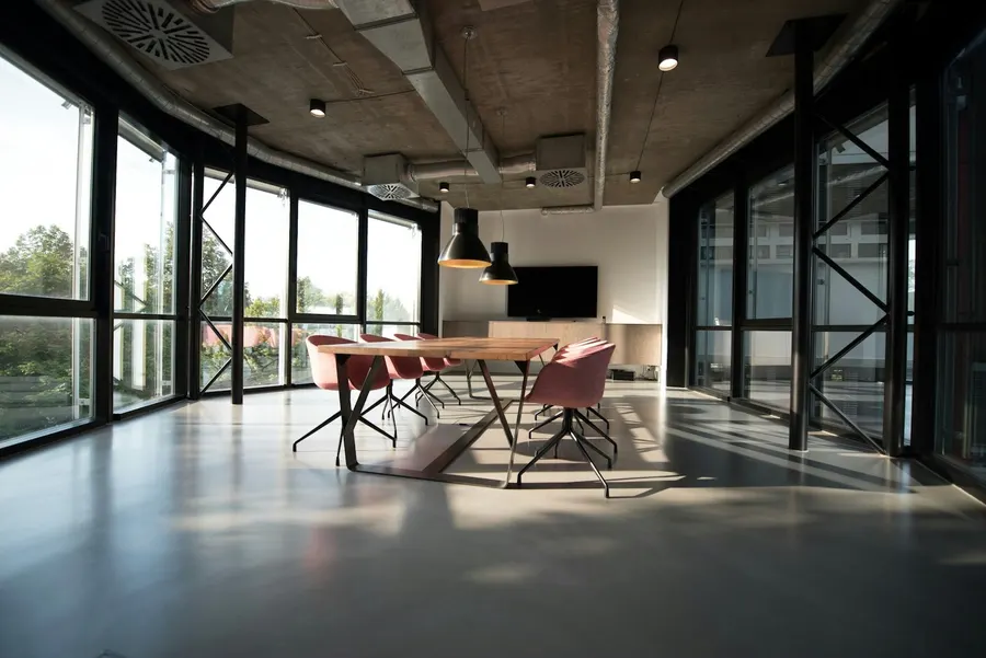 Bright meeting room with large windows