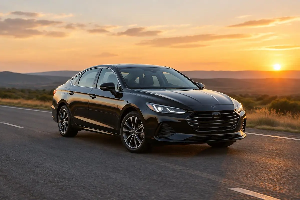 Black midsize sedan on an open highway at sunset, full front three-quarter view