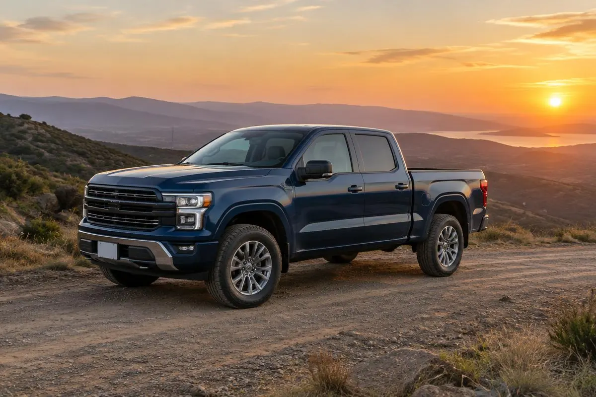 Dark blue crew-cab pickup truck on a hillside dirt road at sunset