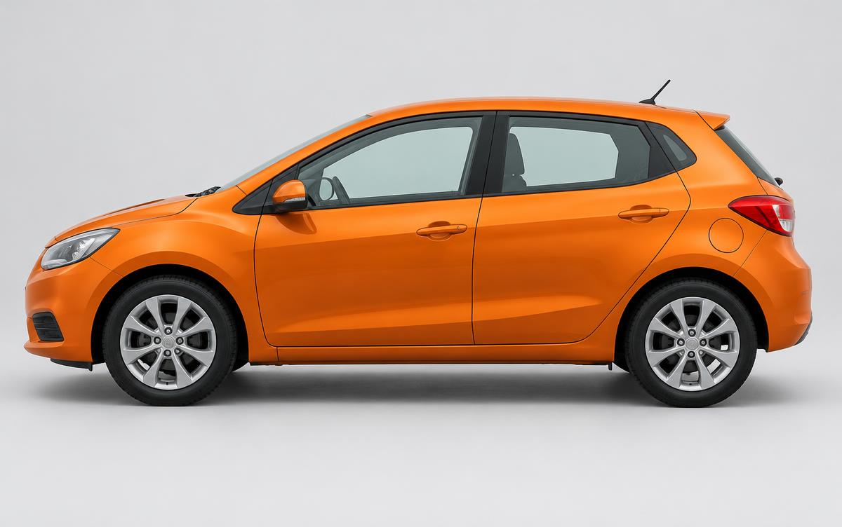 Orange compact hatchback, side view, on a light grey background
