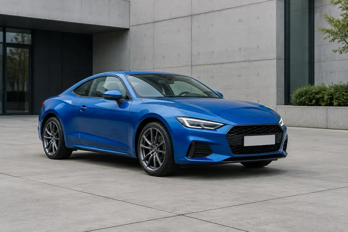 Blue two-door coupe parked in front of a modern concrete building