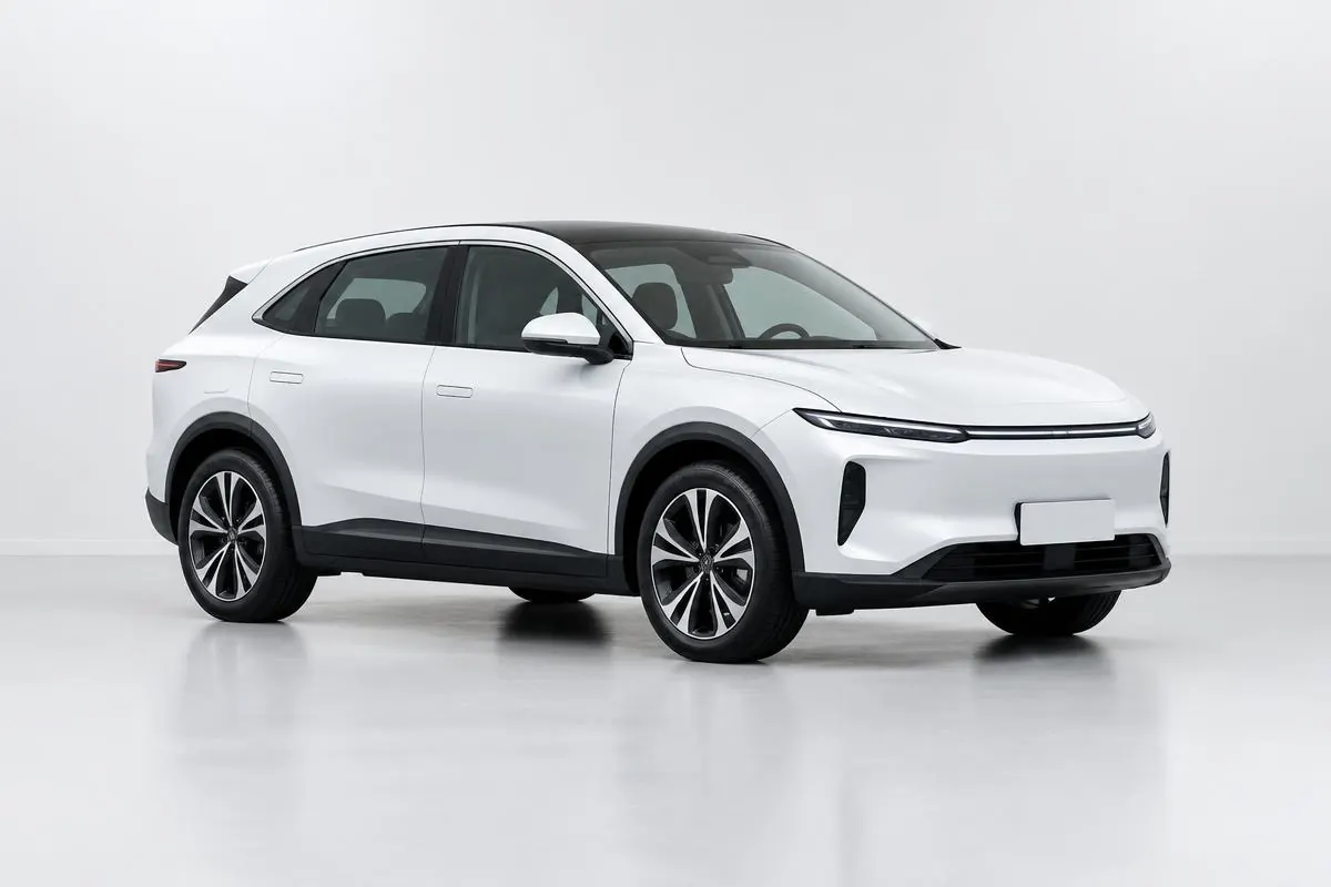 White electric crossover in a bright studio, full side three-quarter view