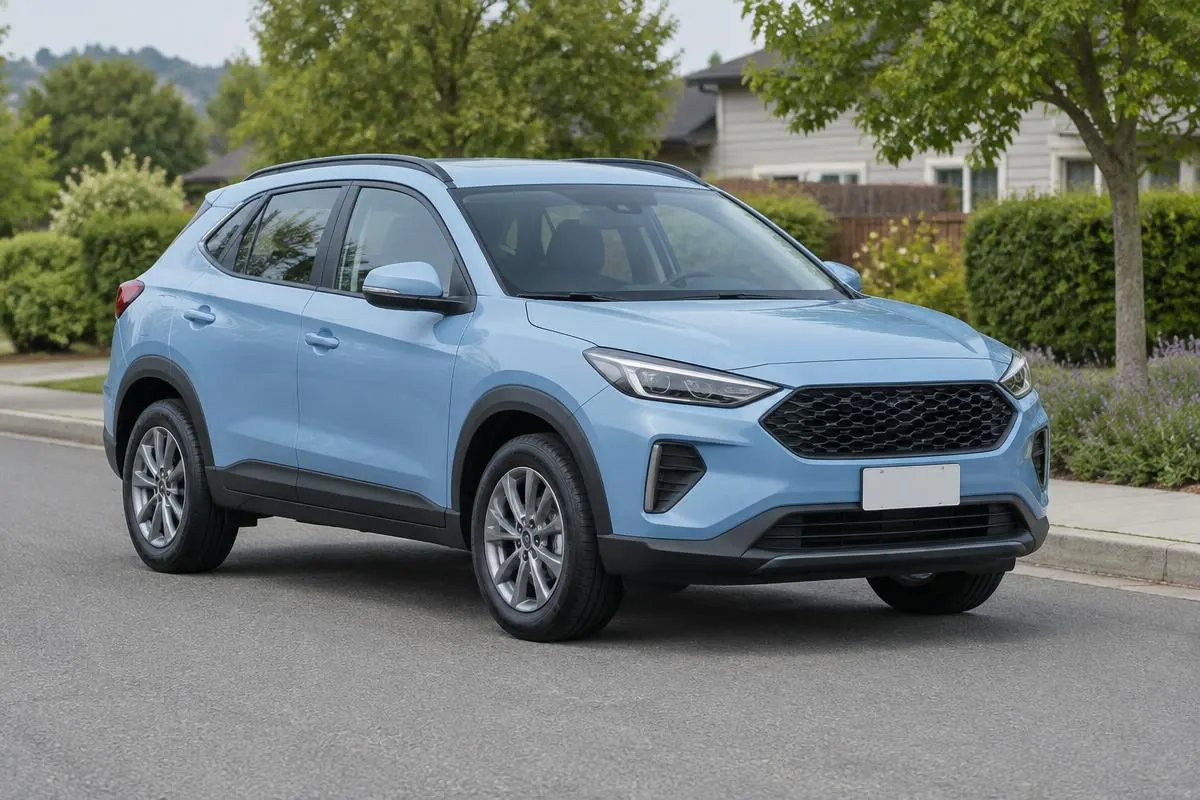 Light blue compact crossover SUV parked on a tree-lined suburban street