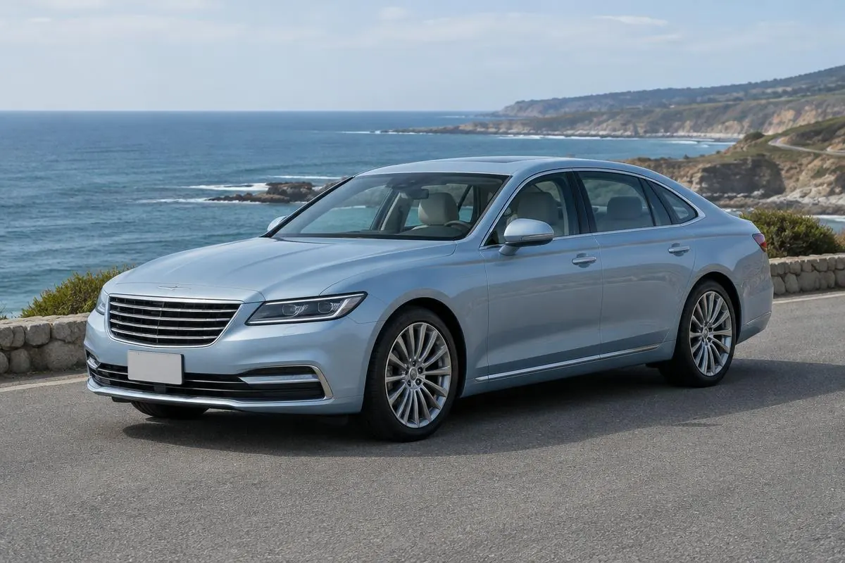 Pale silver-blue luxury sedan on a coastal road above the ocean