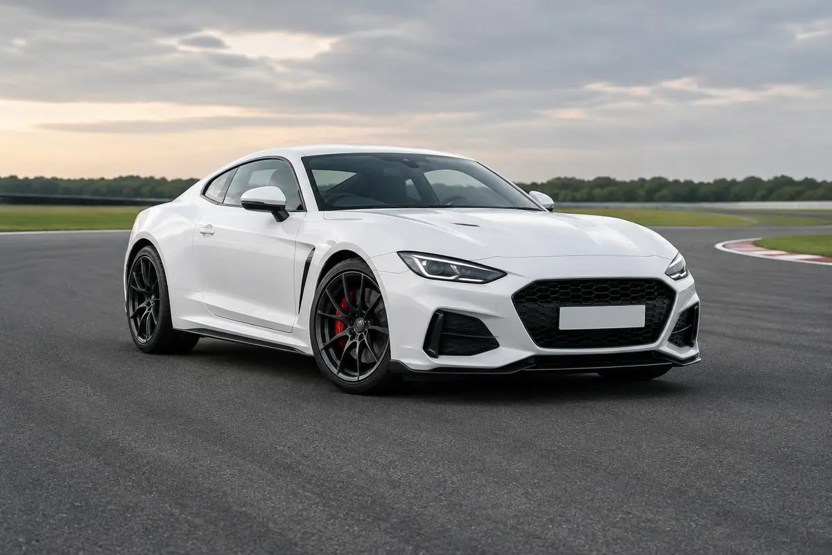 White sports coupe with red brake calipers on an empty racetrack