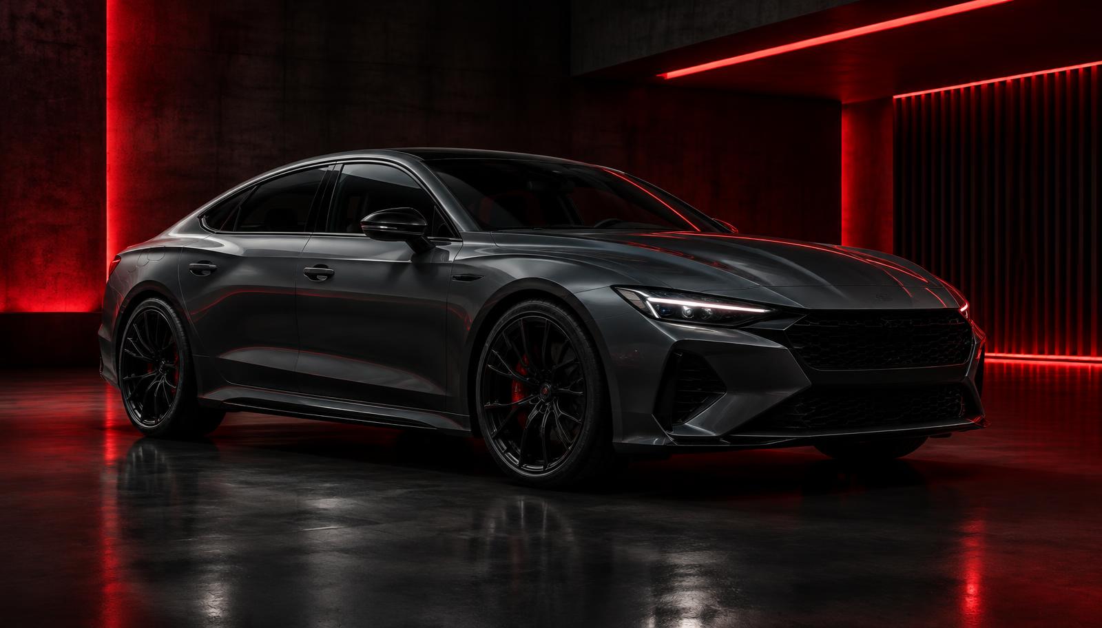 Dark grey sedan in a showroom lit with red accent lights