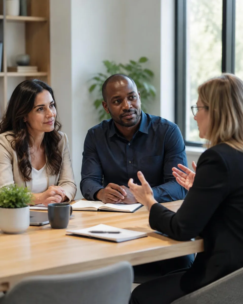Leadership coach in a working session with two managers at a bright conference table
