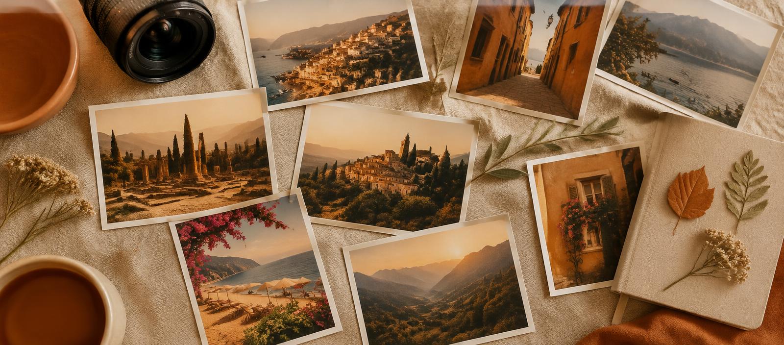 Warm-toned printed photos spread on linen with a camera lens