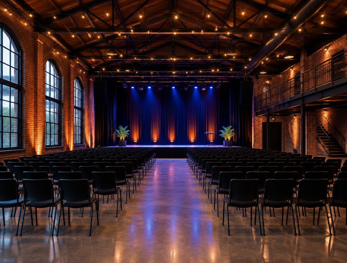 Empty brick venue with rows of chairs facing a lit stage