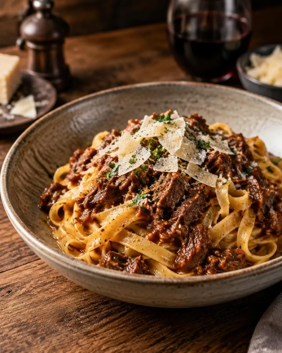 Tagliatelle with braised beef ragù and shaved parmesan in a stone bowl