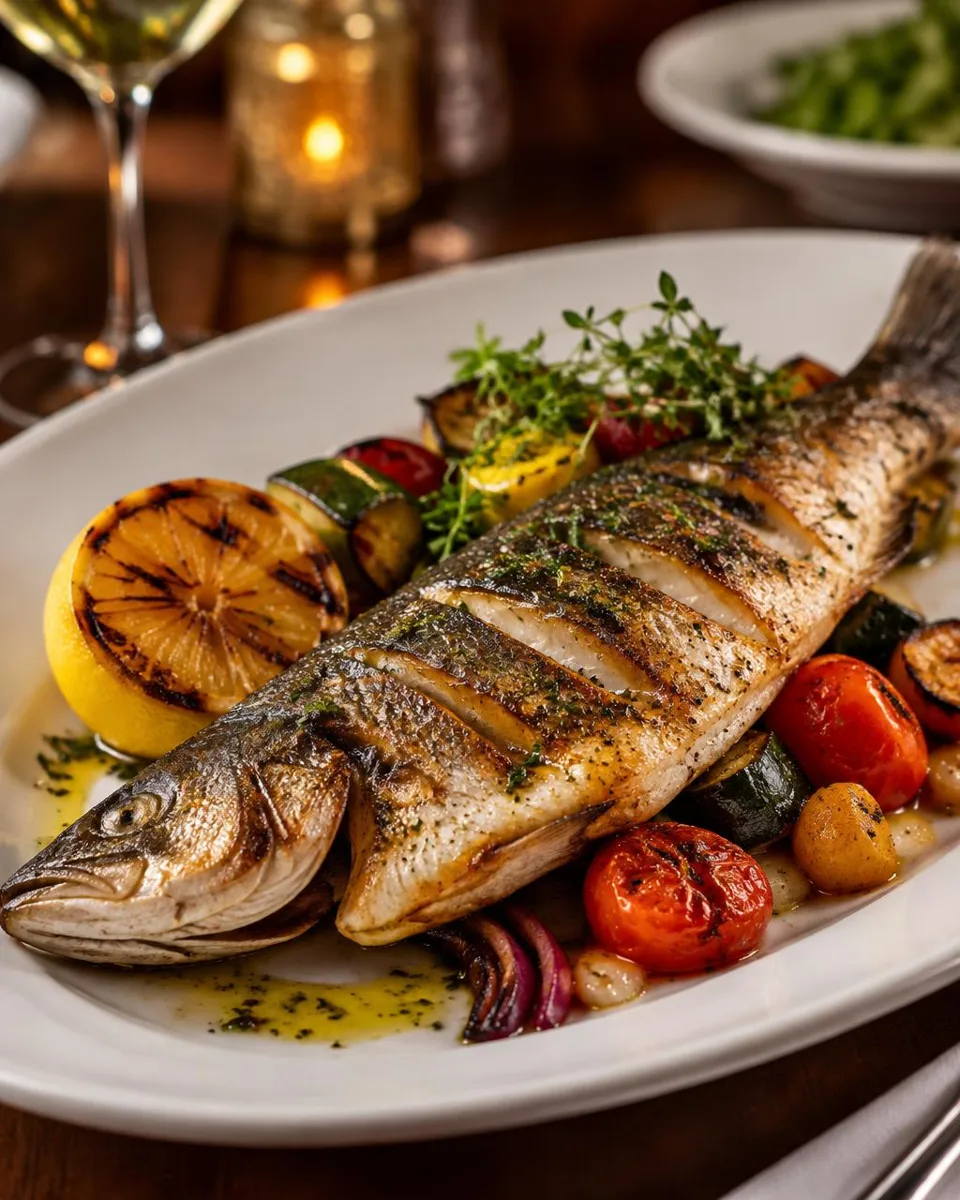 Grilled whole branzino with charred lemon and roasted vegetables