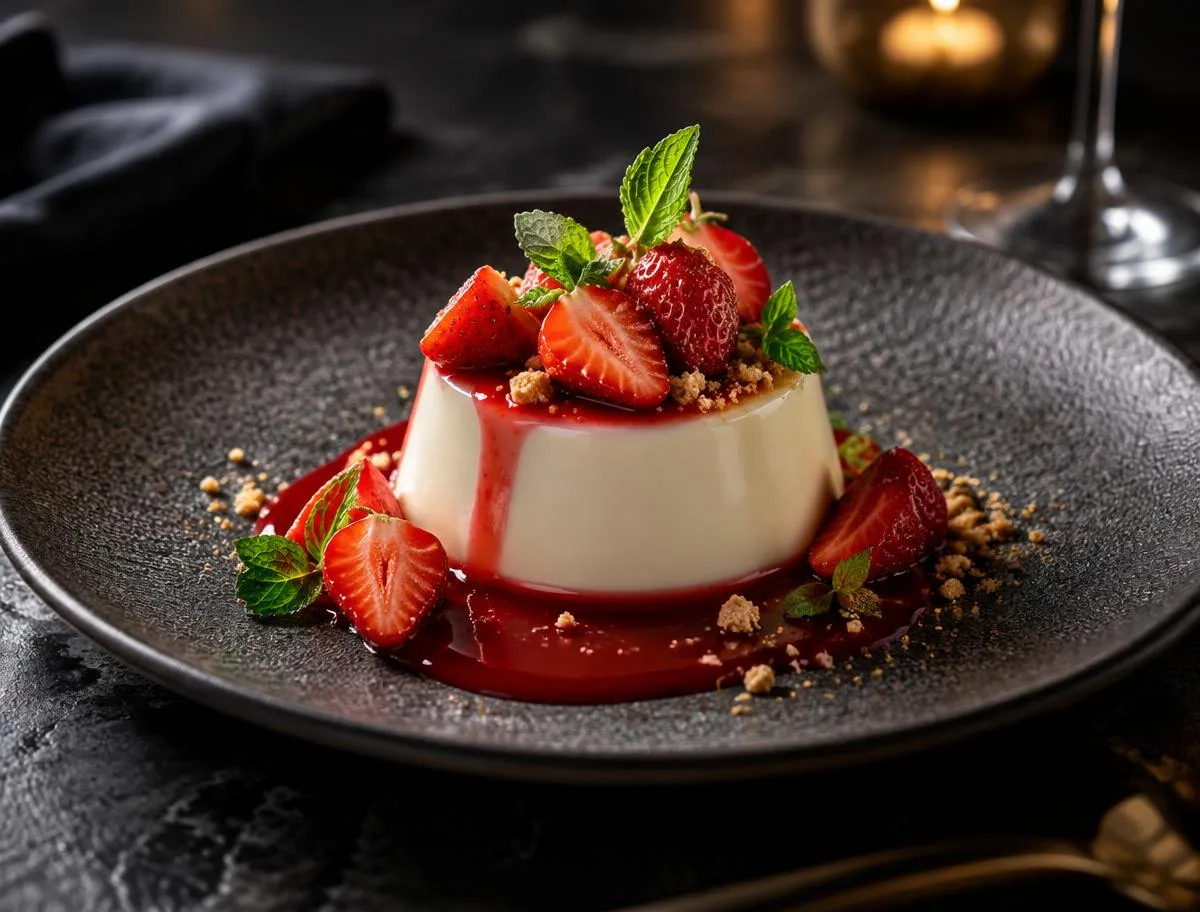 Vanilla panna cotta topped with fresh strawberries and mint