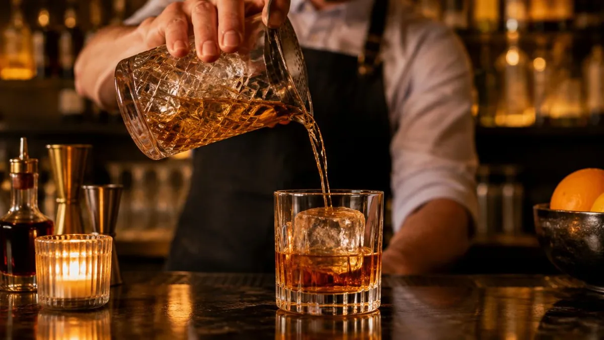 Bartender pouring an amber cocktail over a large ice cube