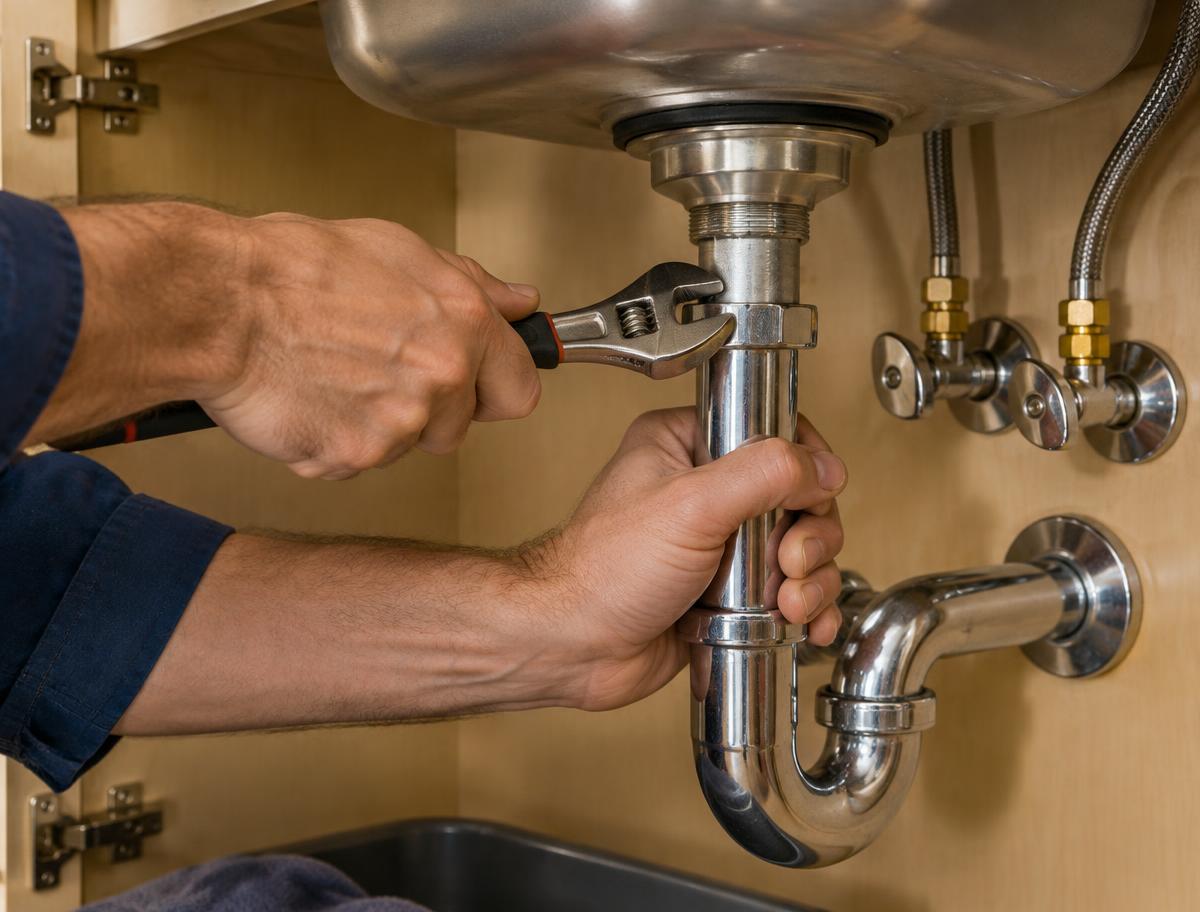 Hands tightening a pipe fitting under a kitchen sink