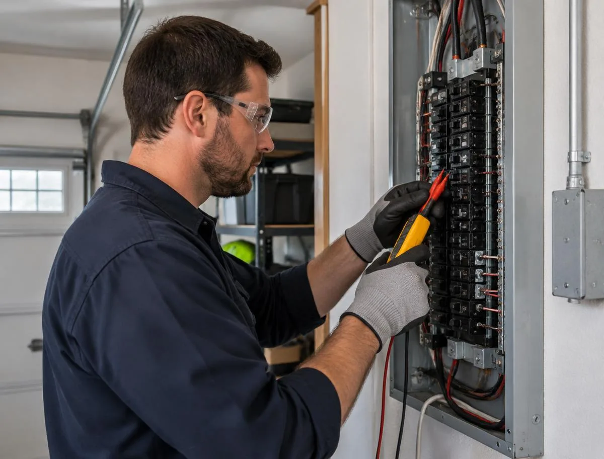 Electrician in safety glasses testing a residential breaker panel