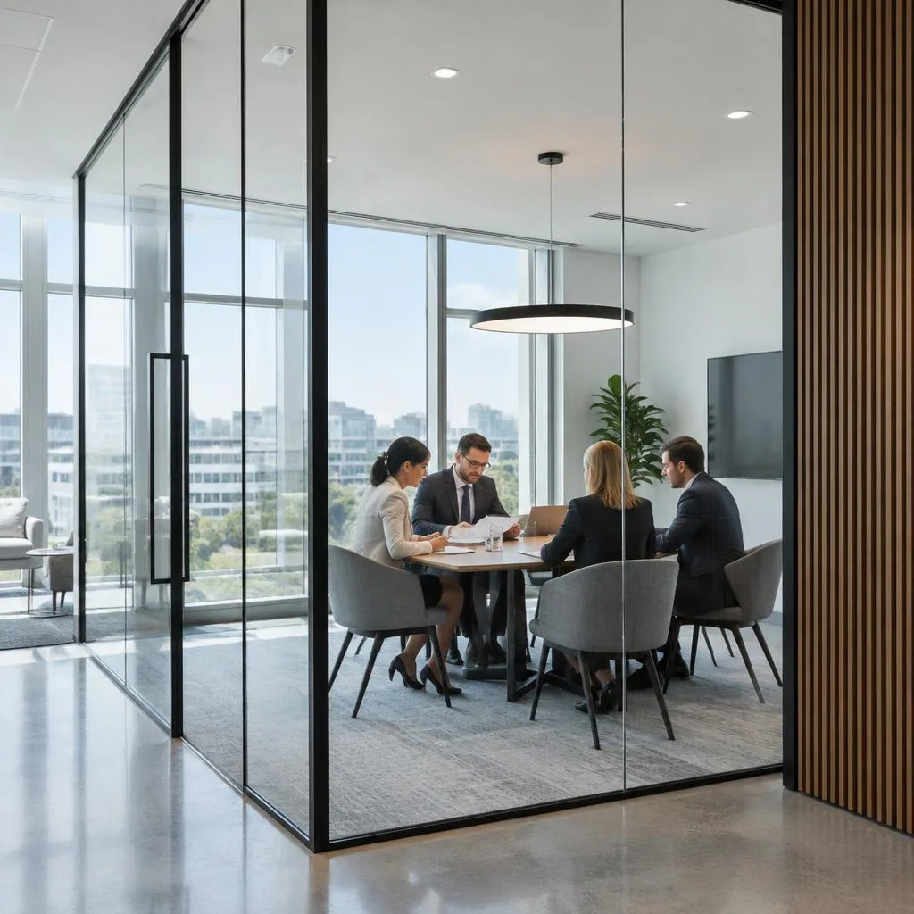 Advisory team reviewing documents in a glass-walled meeting room