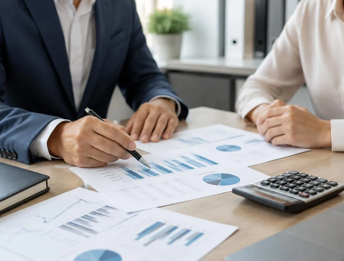 Advisor reviewing printed financial charts with a client beside a calculator
