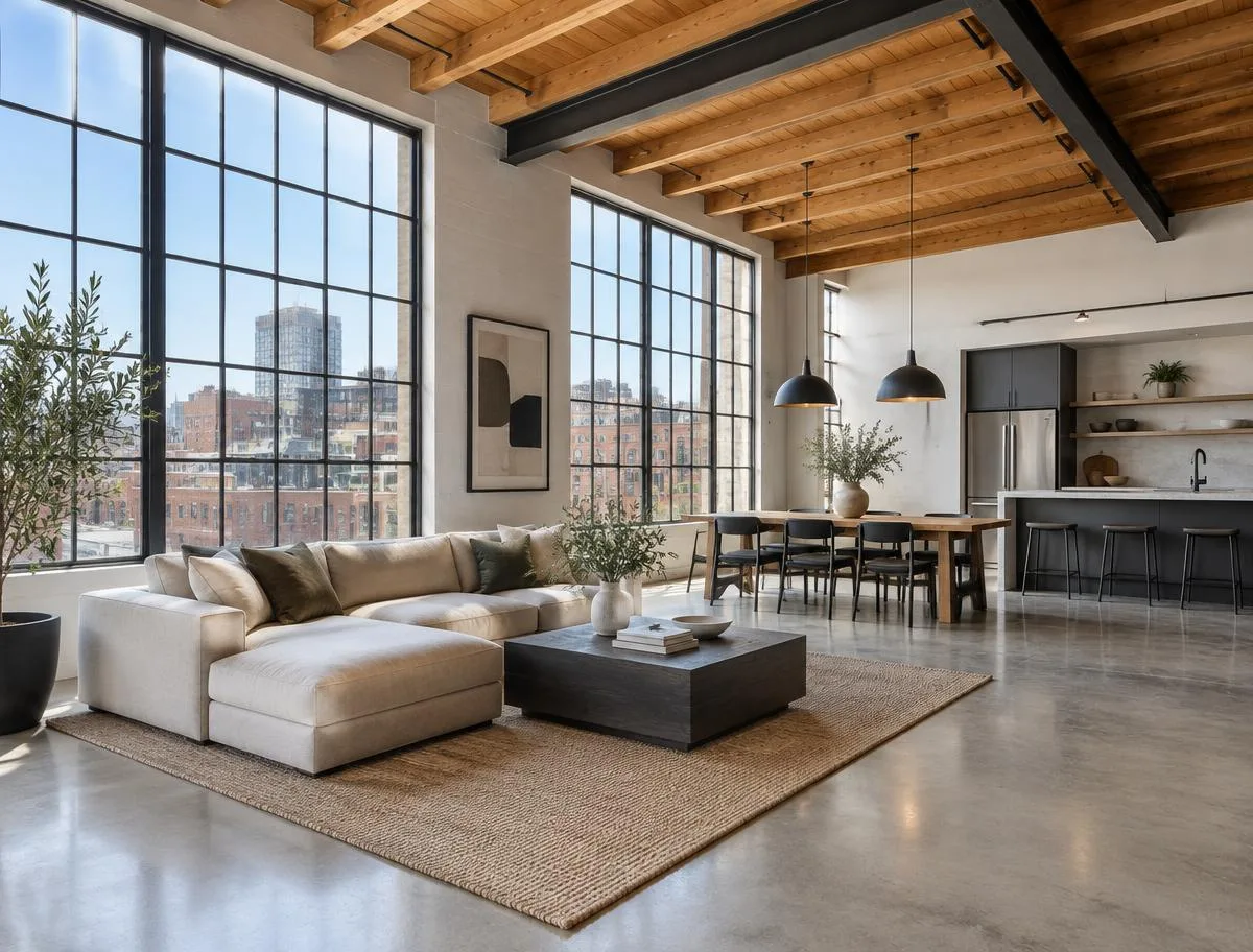 Modern loft interior with exposed wood beams, tall steel-framed windows and polished concrete floors